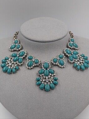 Signed J. Crew Crystal Chandelier Bib Statement Necklace Teal Turquoise 0507